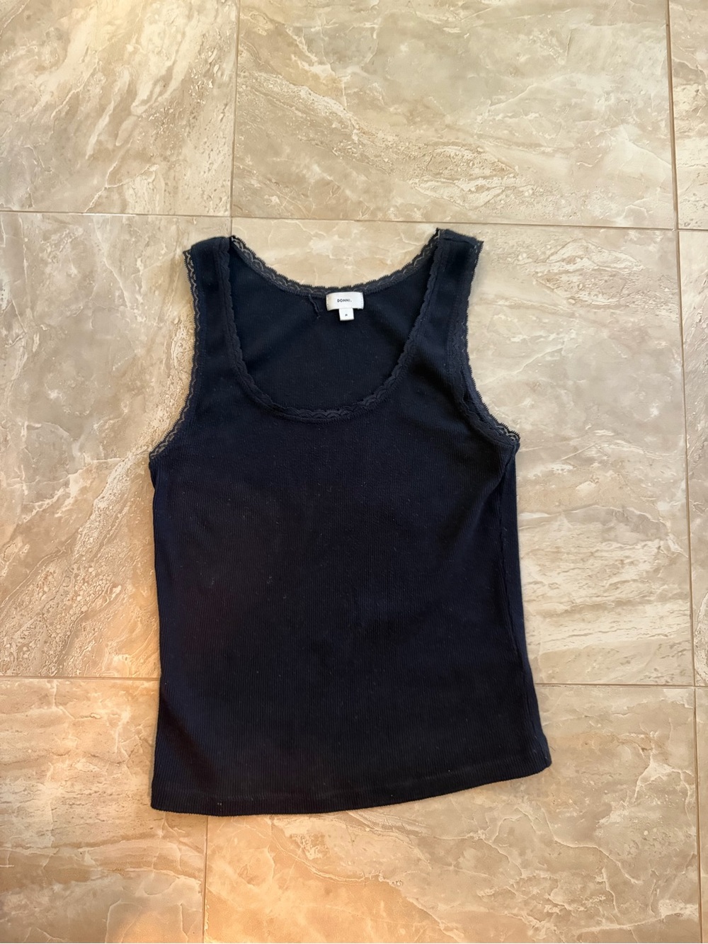 DONNI. Black Ribbed Lace-Trim Tank Top